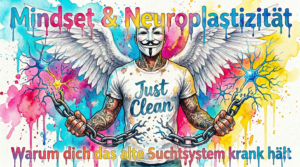 NeelixberliN Markenfigur: Tätowierter Mann mit Anonymous-Maske, Engelsflügeln und 'Just Clean' T-Shirt im Watercolor-Stil. Symbol für Freiheit und Suchtaufklärung.