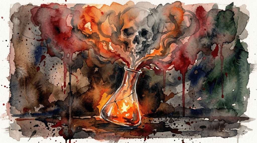 Ein qualmender Erlenmeyerkolben in Warnfarben mit einem subtilen Totenkopf im Rauch, der vor gefährlichen Chemie-Experimenten zu Hause warnt.