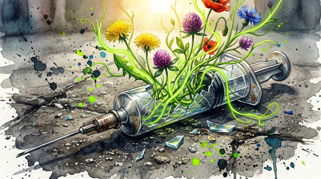 Aus einer zerbrochenen Spritze auf dem Asphalt wachsen leuchtende, wilde Blumen. Symbol für den erfolgreichen Entzug und den Neubeginn.