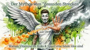 NeelixberliN Markenfigur stoppt das Mischen von weißen Pulvern mit Vitamin C Pillen. Symbol für die Gefahr des "gesunden Streckens" von Drogen.