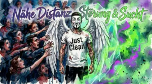 Die NeelixberliN Markenfigur steht zerrissen zwischen bedrohlich wirkenden Menschen, die nach ihr greifen, und einer schützenden, aber isolierenden Wolke aus chemischem Rauch. Symbol für Bindungsangst und Suchterkrankung.