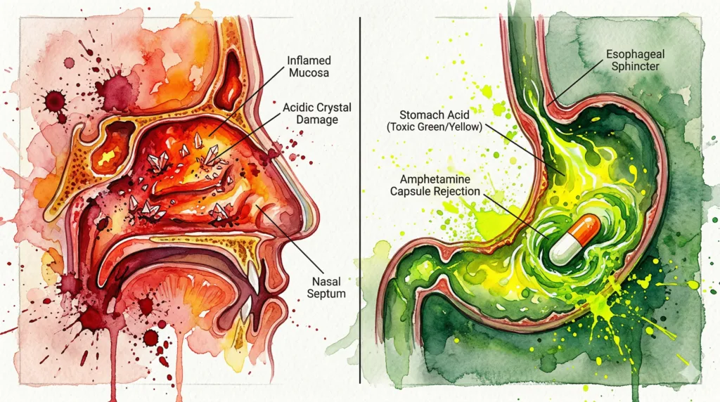 Abstrakte Darstellung einer verätzten Nasenschleimhaut und eines übersäuerten Magens, der Substanzen abstößt.