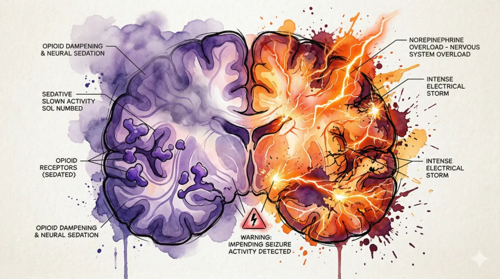 Wissenschaftliche Aquarell-Darstellung eines Gehirns, in dem ein elektrischer Sturm aus Noradrenalin wütet, während die Opiat-Rezeptoren betäubt sind.