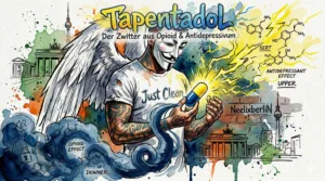 NeelixberliN Markenfigur hält eine leuchtende Pille, die gleichzeitig beruhigenden blauen Rauch und elektrisierende gelbe Blitze verströmt. Symbol für das MOR-NRI Konzept.