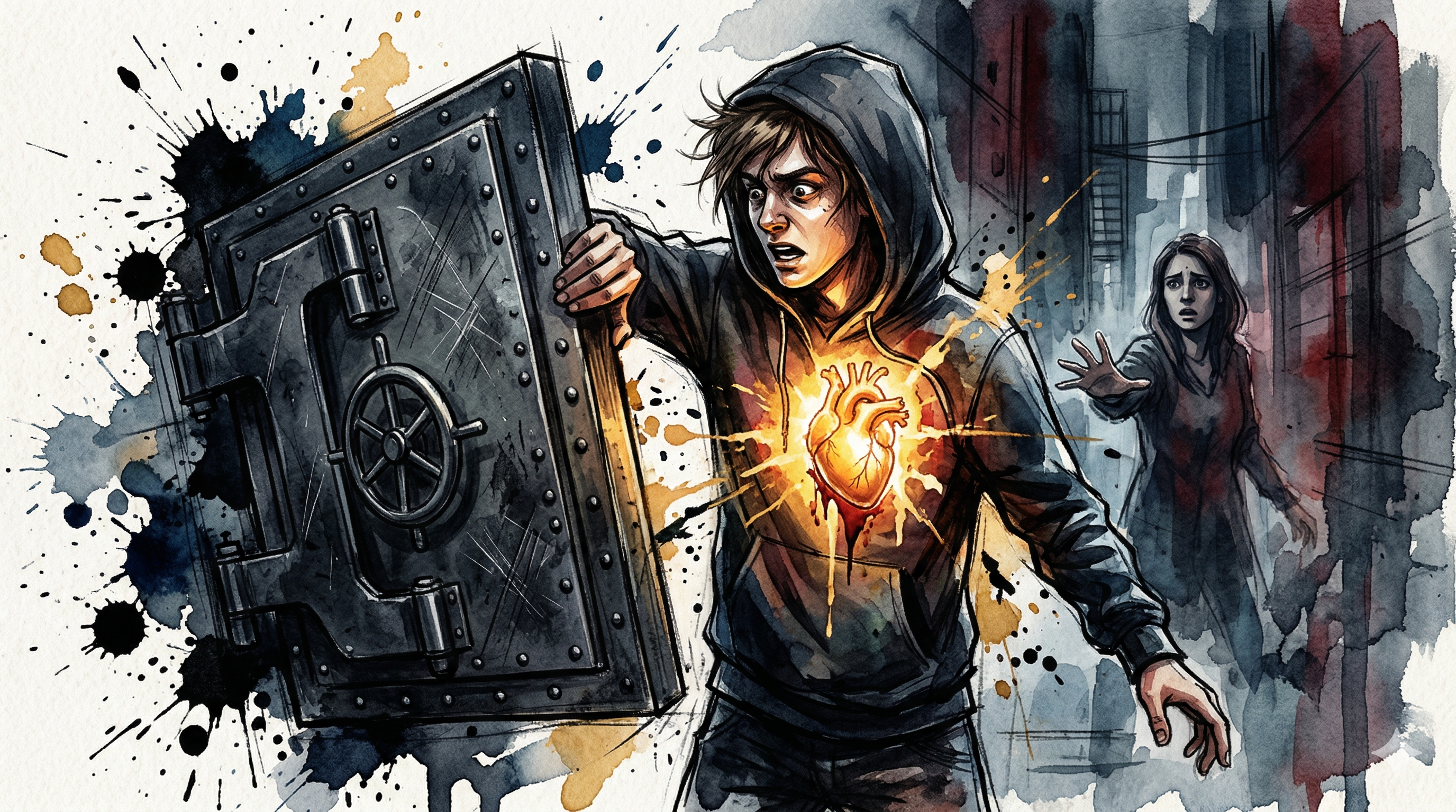 Eine Person verschließt ihr leuchtendes Herz panisch hinter einer schweren Eisentür, während eine andere Person verwirrt im Hintergrund steht. Symbol für plötzlichen emotionalen Rückzug.